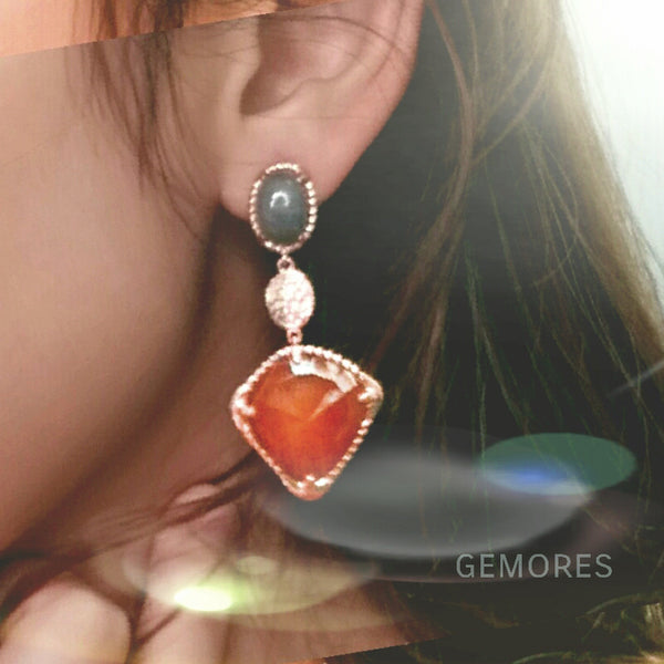 Raw Gems Rainbow labradorite with Carnelian gold earrings